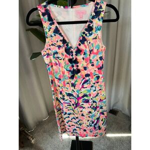 Lilly Pulitzer Mila Shift Dress 0 Pink Navy Abstract Floral Tassel V-Neck Summer